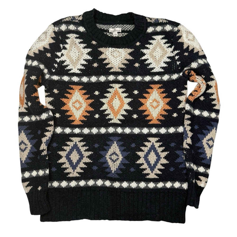 LL Bean Signature Knit Sweater Large Aztec Print Men's  Navy Blue